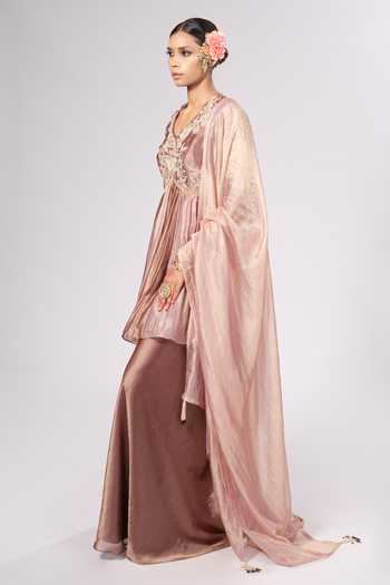 Rirasa_Gold Tissue V-neck Gulmohar Kurta Set _Online_at_Aza_Fashions