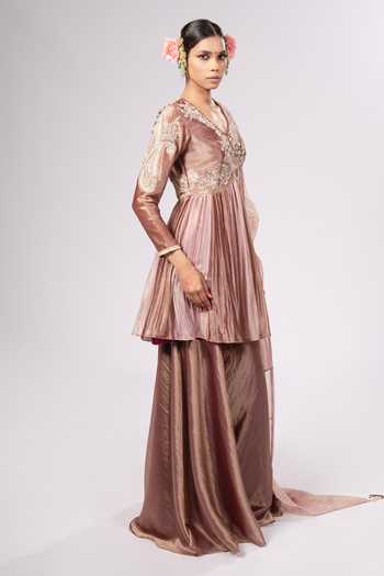 Buy_Rirasa_Gold Tissue V-neck Gulmohar Kurta Set _Online_at_Aza_Fashions