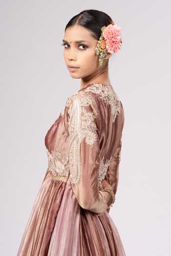 Shop_Rirasa_Gold Tissue V-neck Gulmohar Kurta Set _Online_at_Aza_Fashions