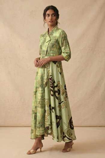 Buy_Vedika M_Green Cotton Mandarin Collar Meadow Flow Dress _Online_at_Aza_Fashions