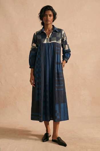 Vedika M_Blue Cotton Collared Ink Box Pleat Midi Dress _Online_at_Aza_Fashions