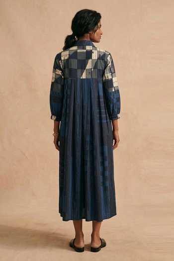 Shop_Vedika M_Blue Cotton Collared Ink Box Pleat Midi Dress _at_Aza_Fashions