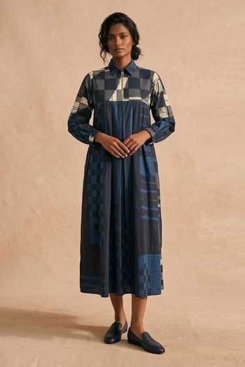 Buy_Vedika M_Blue Cotton Collared Ink Box Pleat Midi Dress _at_Aza_Fashions