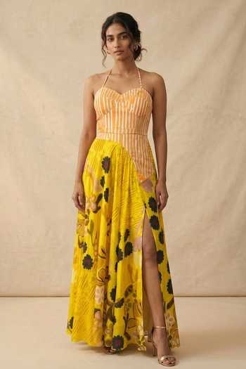 Buy_Vedika M_Multi Color Cotton Satin Sweetheart , Halter Sunshine Tie-up Dress _at_Aza_Fashions