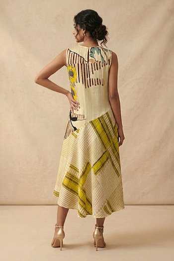 Shop_Vedika M_Green Cotton Satin Round Neck Sand Bloom Pintuck Dress _at_Aza_Fashions