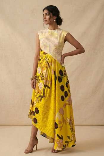 Buy_Vedika M_Yellow Cotton High Neck Sunshine Rush Dress _at_Aza_Fashions
