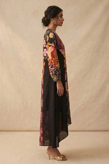 Vedika M_Black Cotton Satin V-neck Dusky Bloom Dress _Online_at_Aza_Fashions