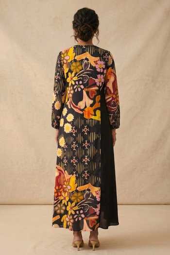 Shop_Vedika M_Black Cotton Satin V-neck Dusky Bloom Dress _at_Aza_Fashions