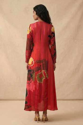 Shop_Vedika M_Red Cotton Satin V-neck Scarlet Bloom Dress _at_Aza_Fashions