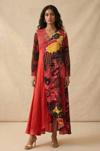 Buy_Vedika M_Red Cotton Satin V-neck Scarlet Bloom Dress _at_Aza_Fashions