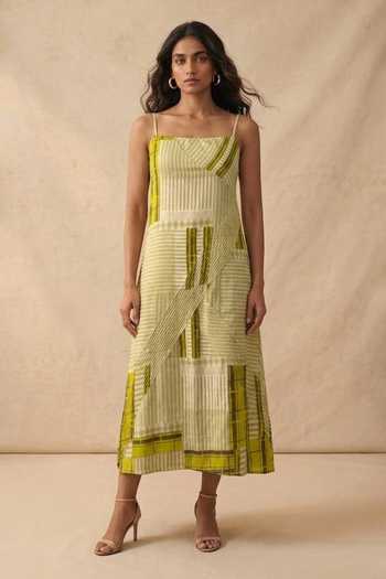 Buy_Vedika M_Green Cotton Satin Square Neck Citrene Chequered Asymmetric Strap Dress _at_Aza_Fashions
