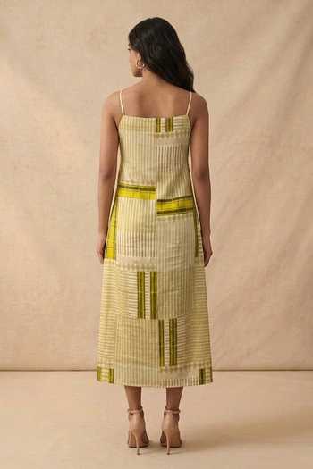 Shop_Vedika M_Green Cotton Satin Square Neck Citrene Chequered Asymmetric Strap Dress _at_Aza_Fashions