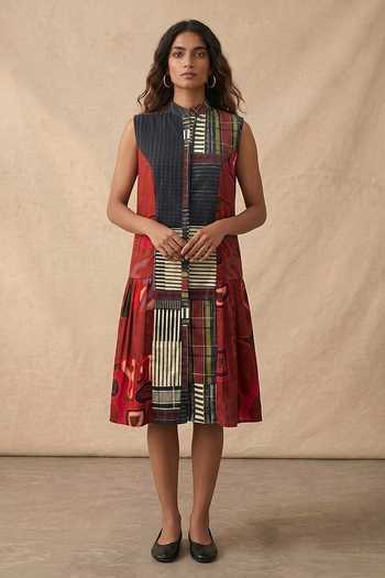 Buy_Vedika M_Multi Color Cotton Mandarin Collar Mono Grid Midi Dress _at_Aza_Fashions