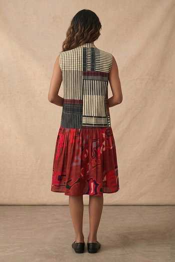 Shop_Vedika M_Multi Color Cotton Mandarin Collar Mono Grid Midi Dress _at_Aza_Fashions