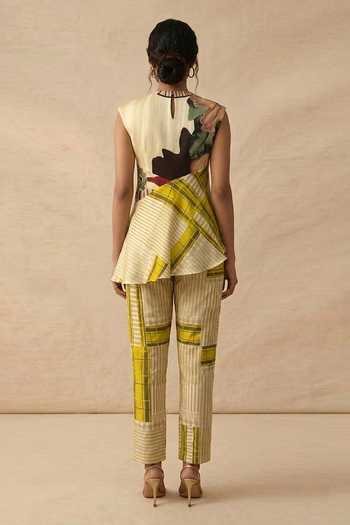 Shop_Vedika M_Green Cotton Round Neck Citrene Asymmetric Top And Pant Set _at_Aza_Fashions