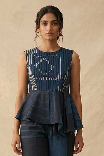Buy_Vedika M_Blue Cotton Round Neck The Hour Top With Pant _Online_at_Aza_Fashions