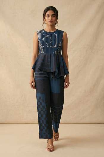 Buy_Vedika M_Blue Cotton Round Neck The Hour Top With Pant _at_Aza_Fashions