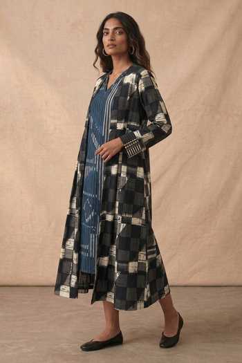 Buy_Vedika M_Multi Color Cotton V-, Open Black Chequered Dress With Jacket _at_Aza_Fashions