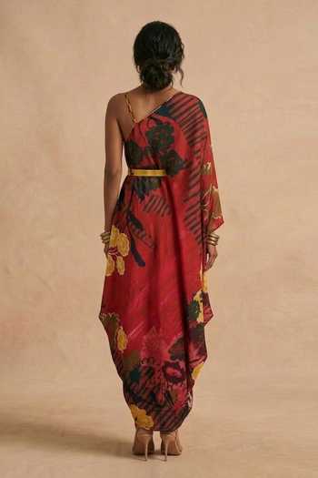 Shop_Vedika M_Red Cotton Satin V-neck Scarlet Strap V- Draped Dress _at_Aza_Fashions