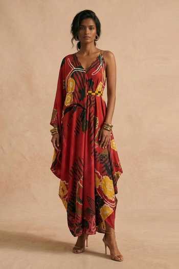 Buy_Vedika M_Red Cotton Satin V-neck Scarlet Strap V- Draped Dress _at_Aza_Fashions