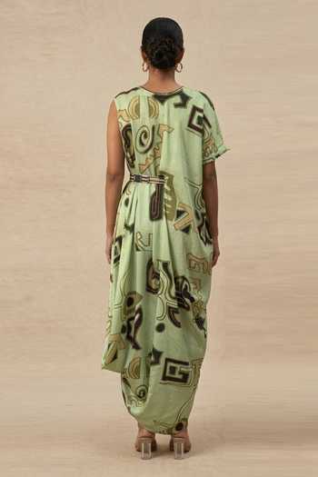 Shop_Vedika M_Green Cotton Satin V-neck Meadow Pleated V- Draped Dress _at_Aza_Fashions
