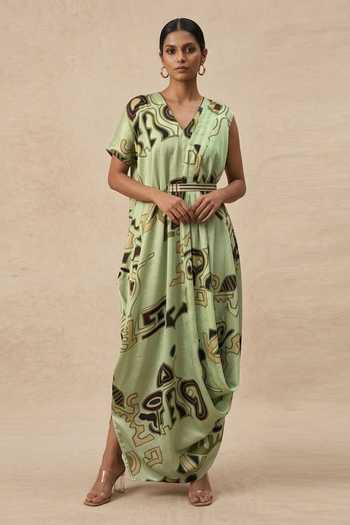 Buy_Vedika M_Green Cotton Satin V-neck Meadow Pleated V- Draped Dress _at_Aza_Fashions