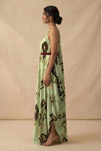 Vedika M_Green Cotton Satin Halter Neck, Asymmetric, One Meadow In-cut Draped Dress _Online_at_Aza_Fashions