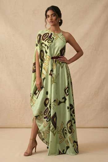 Buy_Vedika M_Green Cotton Satin Halter Neck, Asymmetric, One Meadow In-cut Draped Dress _at_Aza_Fashions