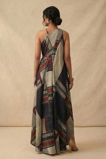 Shop_Vedika M_Black Cotton Satin Halter Neck Mono Grid Draped Dress With Belt _at_Aza_Fashions