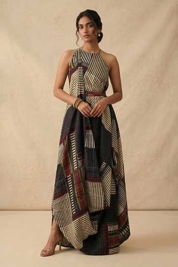 Buy_Vedika M_Black Cotton Satin Halter Neck Mono Grid Draped Dress With Belt _at_Aza_Fashions