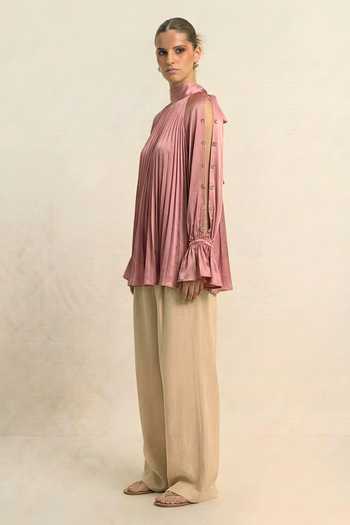Buy_Neora By Nehal Chopra_Pink Silk, Bemberg High Neck Brick Red Halter Top _Online_at_Aza_Fashions