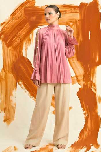 Shop_Neora By Nehal Chopra_Pink Silk, Bemberg High Neck Brick Red Halter Top _Online_at_Aza_Fashions