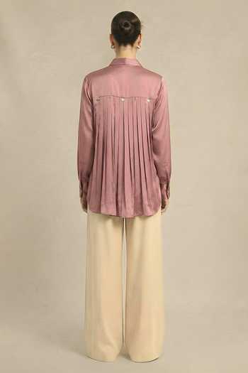 Shop_Neora By Nehal Chopra_Pink Silk, Bemberg Collared Gathered Shirt _at_Aza_Fashions