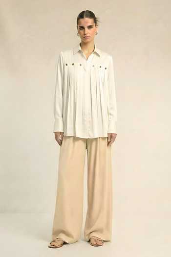 Buy_Neora By Nehal Chopra_Ivory Silk, Bemberg Collared White Gathered Shirt _at_Aza_Fashions