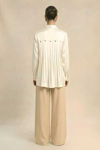 Shop_Neora By Nehal Chopra_Ivory Silk, Bemberg Collared White Gathered Shirt _at_Aza_Fashions