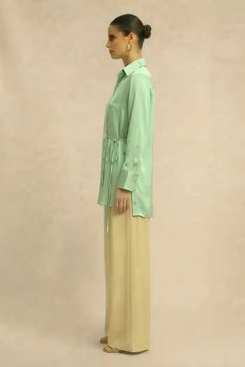 Neora By Nehal Chopra_Green Silk, Bemberg Collared Ash Wrap Shirt _Online_at_Aza_Fashions