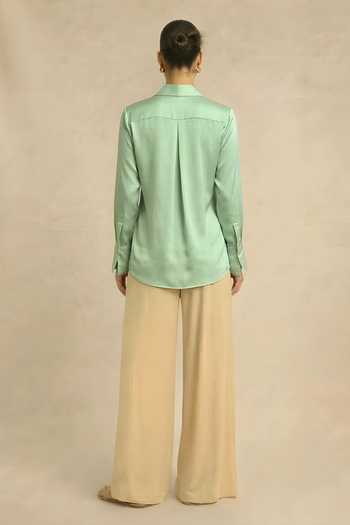 Shop_Neora By Nehal Chopra_Green Silk, Bemberg Collared Ash Wrap Shirt _at_Aza_Fashions