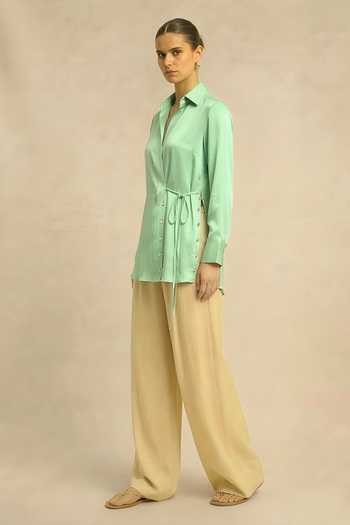 Buy_Neora By Nehal Chopra_Green Silk, Bemberg Collared Ash Wrap Shirt _Online_at_Aza_Fashions