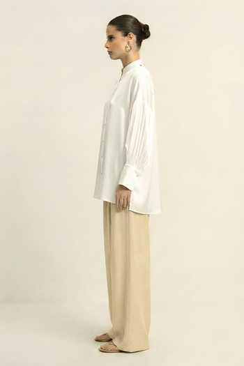 Neora By Nehal Chopra_Ivory Silk, Bemberg Mandarin Collar, V-neck White Shirt _Online_at_Aza_Fashions