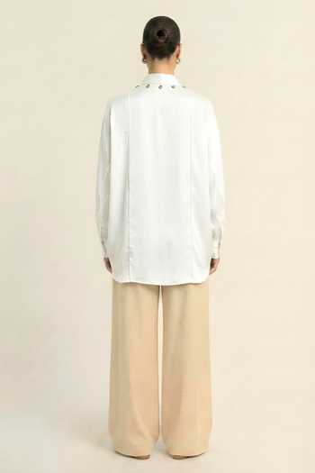 Shop_Neora By Nehal Chopra_Ivory Silk, Bemberg Mandarin Collar, V-neck White Shirt _at_Aza_Fashions
