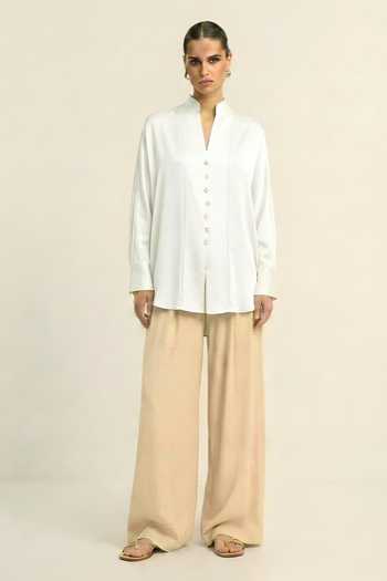 Buy_Neora By Nehal Chopra_Ivory Silk, Bemberg Mandarin Collar, V-neck White Shirt _at_Aza_Fashions