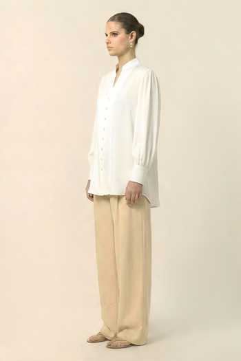 Buy_Neora By Nehal Chopra_Ivory Silk, Bemberg Mandarin Collar, V-neck White Shirt _Online_at_Aza_Fashions