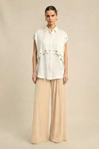 Buy_Neora By Nehal Chopra_Ivory Silk, Bemberg Collared Coin Flap Shirt _at_Aza_Fashions