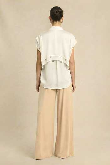 Shop_Neora By Nehal Chopra_Ivory Silk, Bemberg Collared Coin Flap Shirt _at_Aza_Fashions