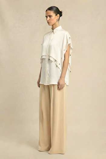 Buy_Neora By Nehal Chopra_Ivory Silk, Bemberg Collared Coin Flap Shirt _Online_at_Aza_Fashions