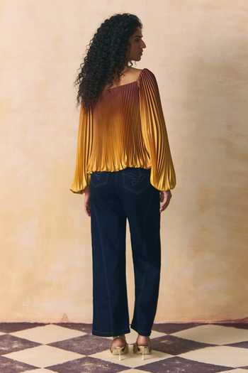 Shop_Zwaan_Yellow Satin Sweetheart Neck Lumina Pleated Top _at_Aza_Fashions