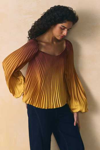 Zwaan_Yellow Satin Sweetheart Neck Lumina Pleated Top _Online_at_Aza_Fashions