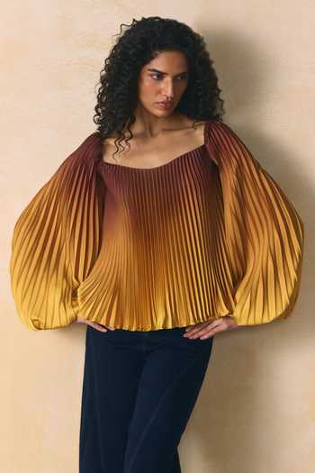 Buy_Zwaan_Yellow Satin Sweetheart Neck Lumina Pleated Top _at_Aza_Fashions