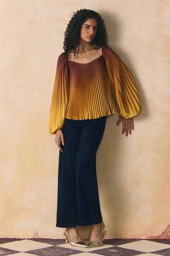 Buy_Zwaan_Yellow Satin Sweetheart Neck Lumina Pleated Top _Online_at_Aza_Fashions