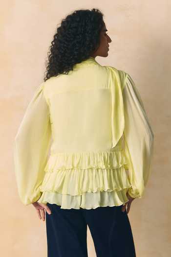 Shop_Zwaan_Yellow Silk V-neck Marisol Ruffled Hem Top _at_Aza_Fashions